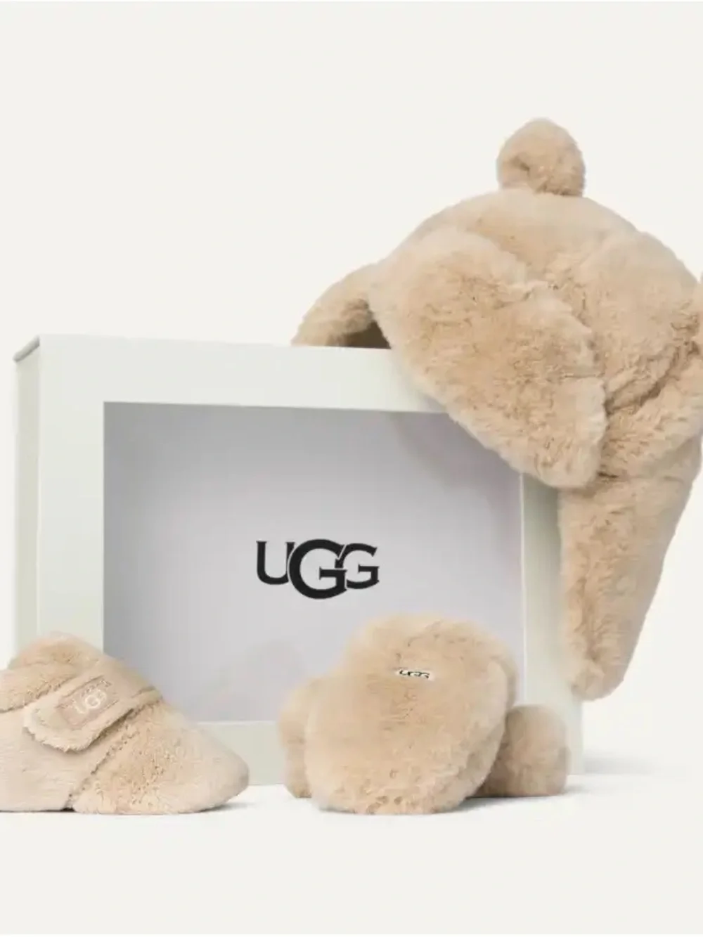 UGG Baby Tan Shearling Fur Bear Hat with Matching Bootie, and Mittens.